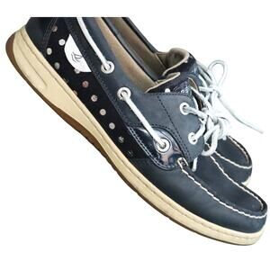 Sperry Blue Leather 2 Eye Lace Up Loafers Boat Shoes Women Silver Polka Dot 9